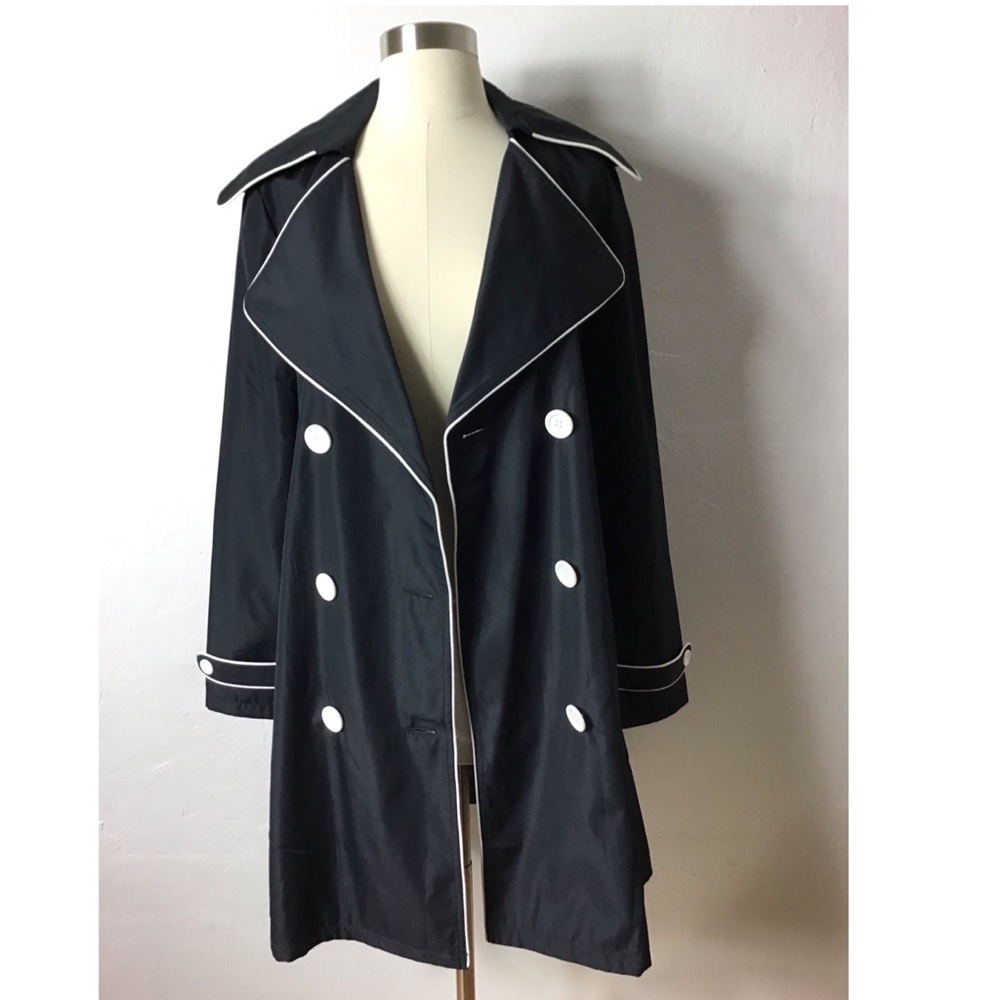 Vertigo black w/ white piping retro style collared belted rain tench coat jacket - Picture 4 of 12